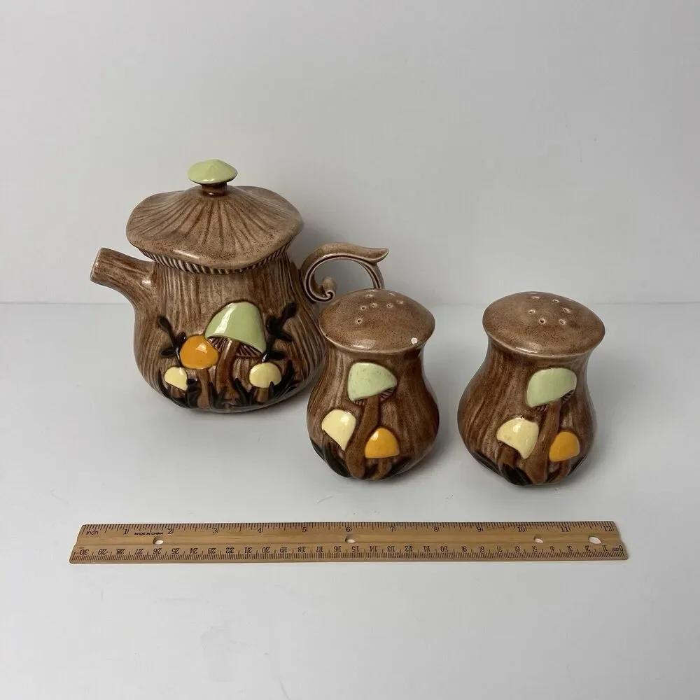 VTG Arnel's Mushroom Teapot Dark Lid Salt & Pepper Shaker Set Ceramic - Picture 16 of 16